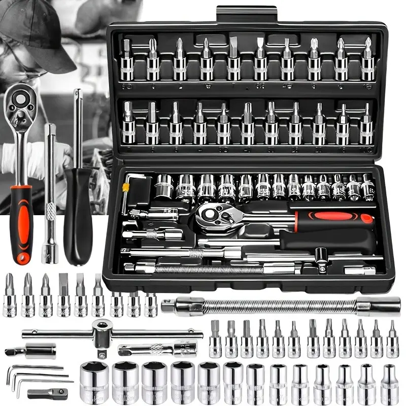 46-Piece Multi-Function Repair Wrench Kit, Home Car Motorcycle Tire HUB Tool Set, Portable Bicycle Socket Wrench, Multifunctional Wrench, Ratchet Torque Wrench & Screwdriver Box