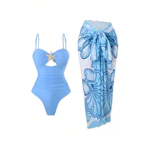 BeachRipple Swim 2026 New Women Blue Swimsuit with Sarong Cover Up, Starfish Accent, Front Cutout, Tummy Control Ruched Fit, Beach Pool Vacation Bathing Suit bathing suit women set swimsuits