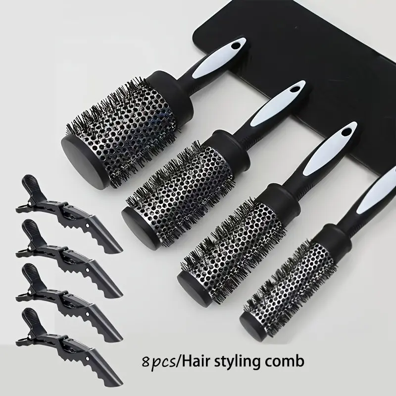 8pcs Hair Styling Tools, Nylon Brush Round Curling Comb, Heat Conductive Aluminum Tube Comb, Bangs Hair Tool, Easy Section Clips