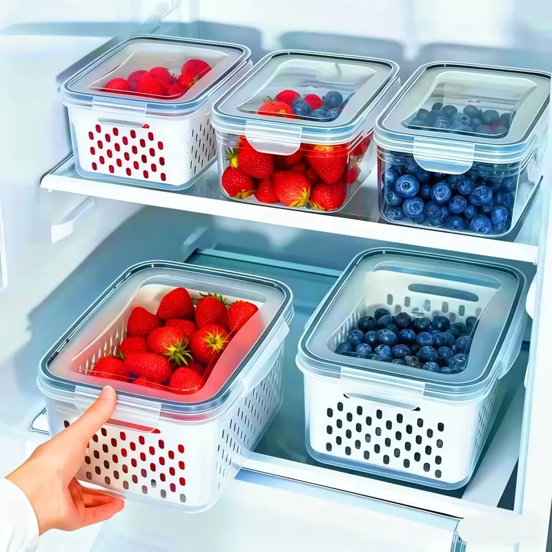 3 Pack Large Capacity Fruit Vegetable Storage Container with Detachable Drainer Basket BPA Free Refrigerator Safe Fridge Storage Organizer Dishwasher Safe Food Fresh Keeper for Berries Vegetables