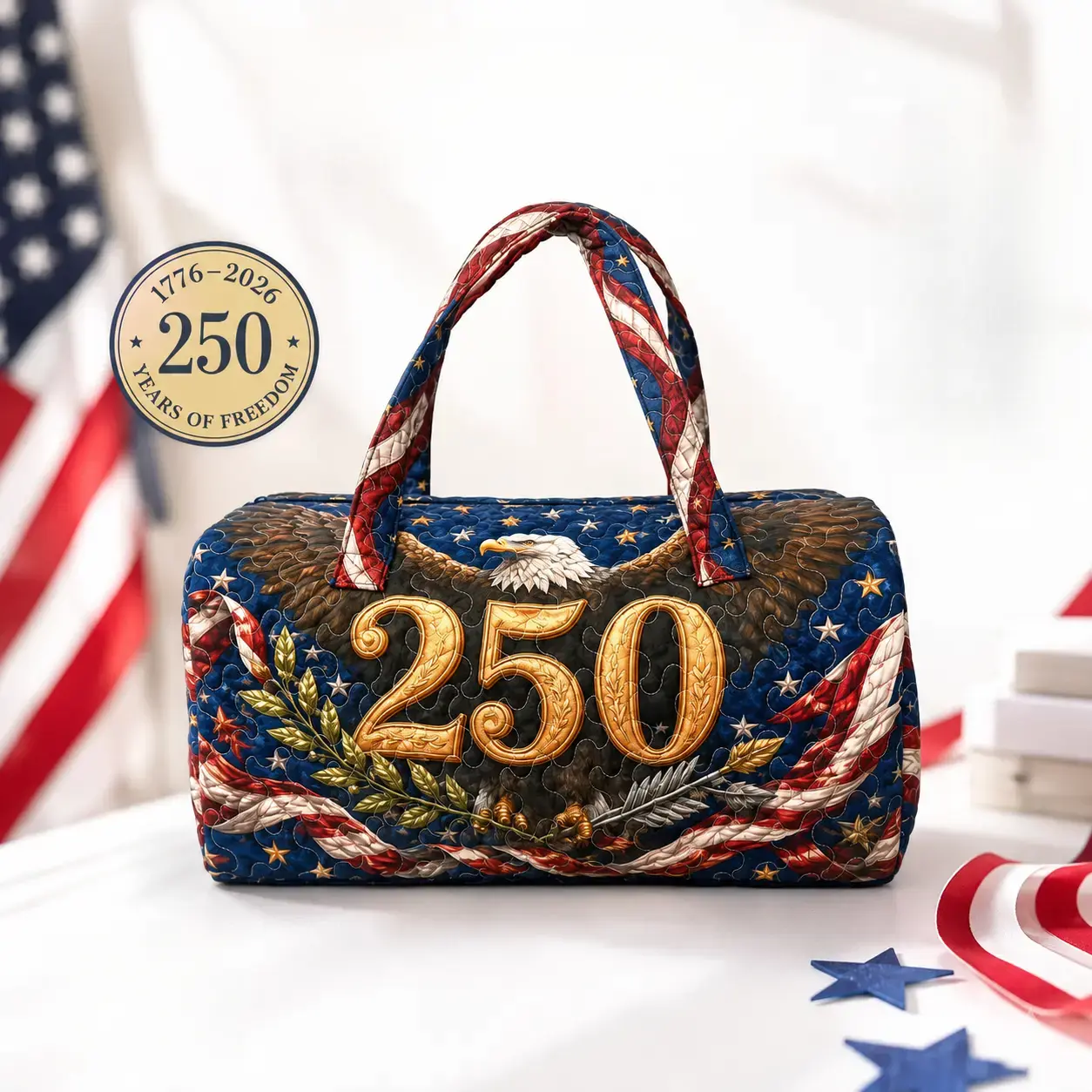 Boho Patriotic Quilted Duffle Bag, American Eagle US 250 Weekender Travel Bag,independence day gift