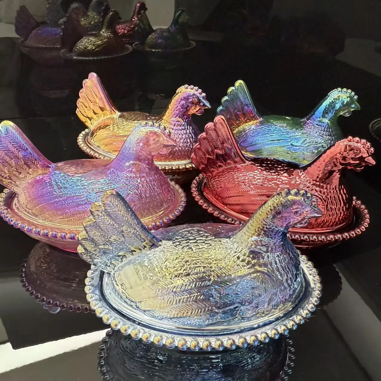 Iridescent Carnival Glass Hen On Nest Covered Dish, Vintage Style Metallic Rainbow Chicken Storage Bowl, Farmhouse Table Decor Jewelry Candy Trinket Organizer, Retro Mid Century Kitchen Centerpiece, Housewarming Gift For Collectors