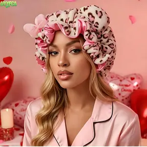 Leopard Print Teddy Fleece Satin Lined Hair Bonnet, Bear Ear Bow Ruffle Edge Heatless Sleep Hair Wrap, Large Size Adjustable Hair Protect Cap For Curly Natural Hair Night Sleeping Skincare Makeup Women Gift Beach vacation,Summervibes