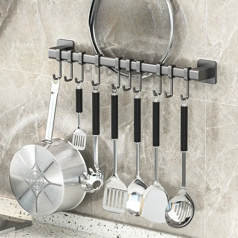 Carbon Steel No-Drill Kitchen Hanging Rail Organiser - Adhesive Stickers, Movable Hooks, Hanging Mount Storage Rack for Home Cooks’ Spatulas, Spoons, Knives (Great Gift Option)