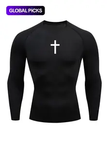 Men's Cross Print Round Neck Sports Tee, Tight Sporty Quick Drying Breathable Long Sleeve T-shirt, Men's Sportswear for Spring & Fall Gym Workout, Athletic Style Activewear