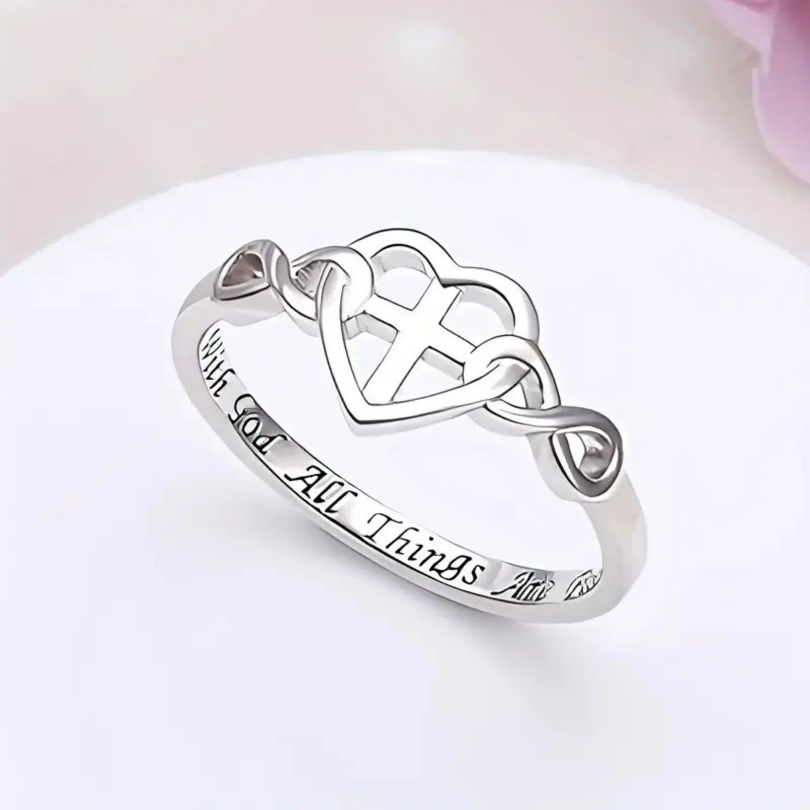 Christian Cross Ring Heart Infinity Band With God All Things Are Possible Engraved Scripture Religious Jewelry Gift for Faith Women