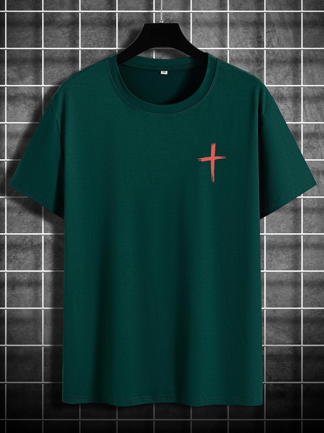 Men's Letter & Cross Print Round Neck Tee, Casual Style Tee, Regular Fit Casual Short Sleeve Crew Neck T-shirt for Summer, Men's Top for Daily Wear, Casual Comfy Streetwear