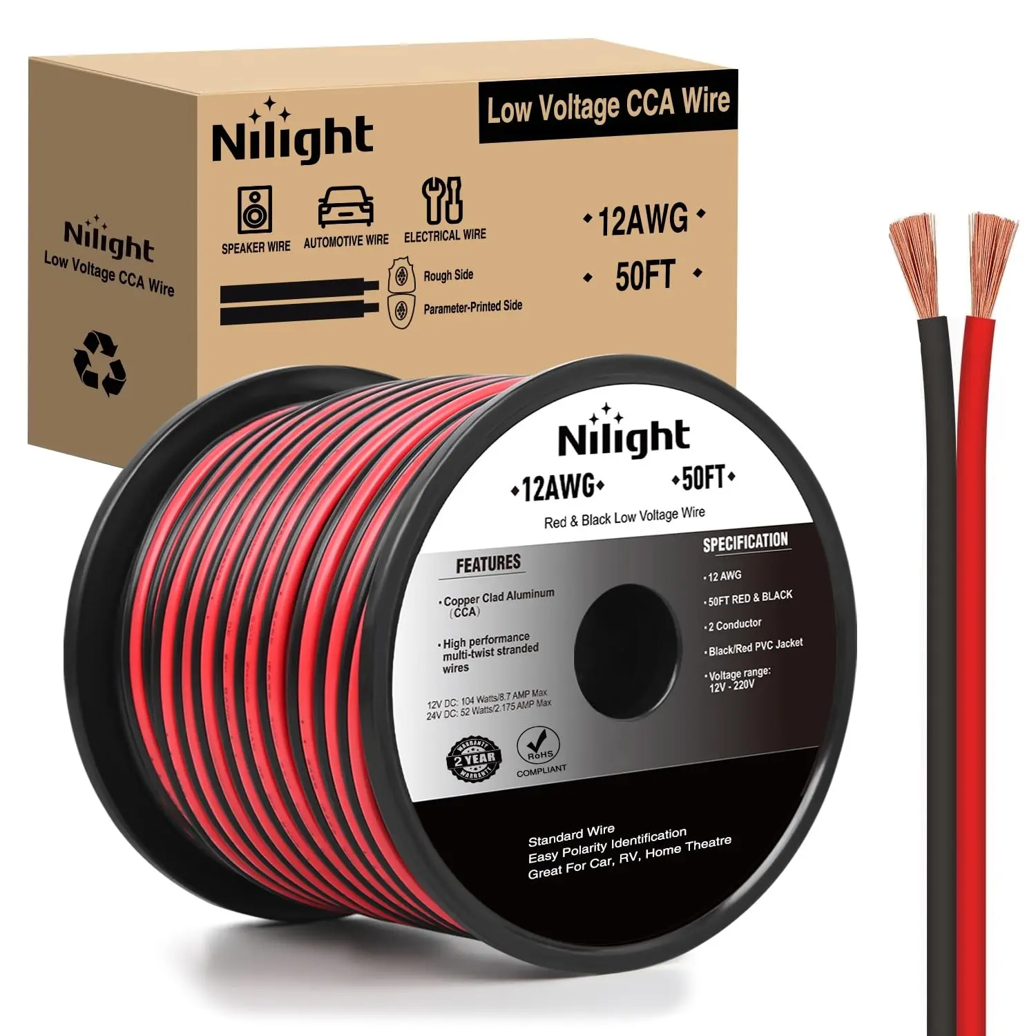 Nilight 50FT 12AWG Gauge CCA Copper Clad Aluminum Wire, 12/2 Red Black Strip Parallel Wires, 2-Conductor Flexible 12V/24V DC Car Extension Cords for Audio Systems, DC Power Run, Speaker Amplifier
