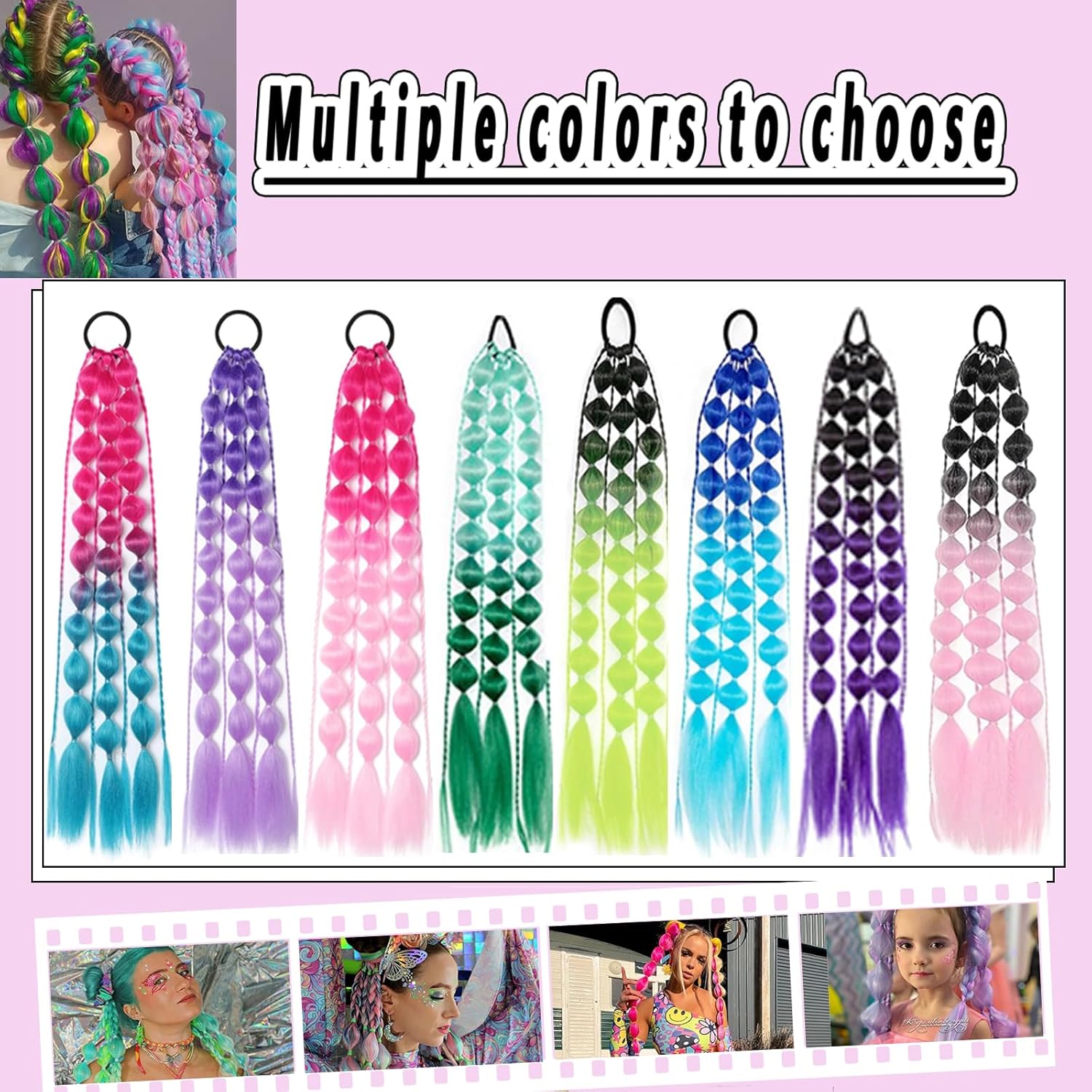 Colored Hair Extensions 24 Inch Lightweight Bubble Ponytail Extensions with Hair Tie 1pcs Colorful Hair Extensions for Women Crazy Hair Day Accessories Festival Party Rave (Black to Pink)