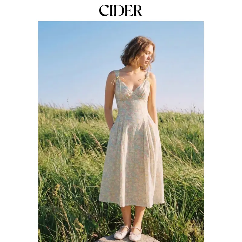 Cider Floral V-neck Bowknot Lace Trim Milkmaid Maxi Dress SohoChic
