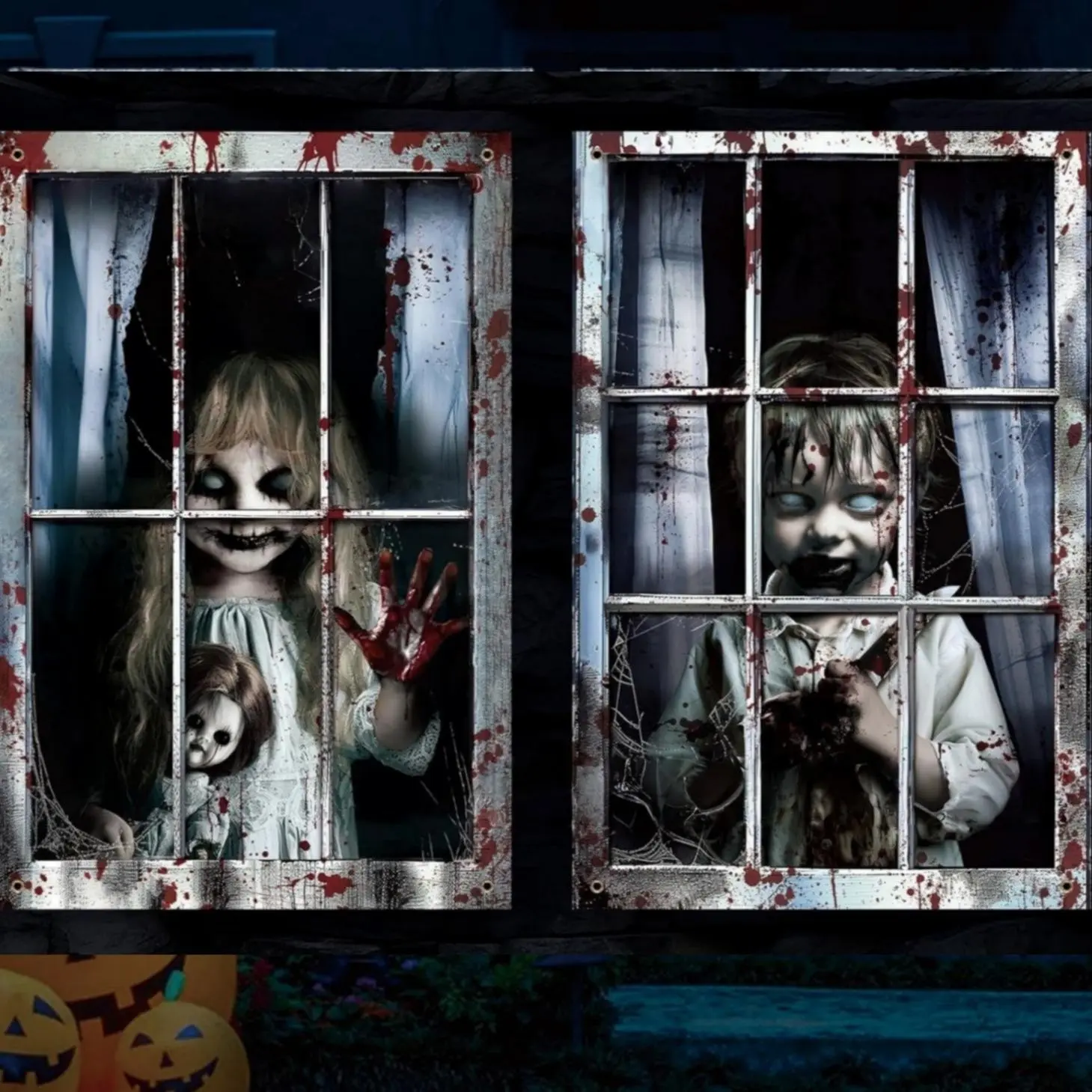 2-Pack Halloween Window Curtain Backdrop, Ghostly Doll Horror Decor, Indoor Outdoor Scene Hanging Cloth, Haunted House Decoration