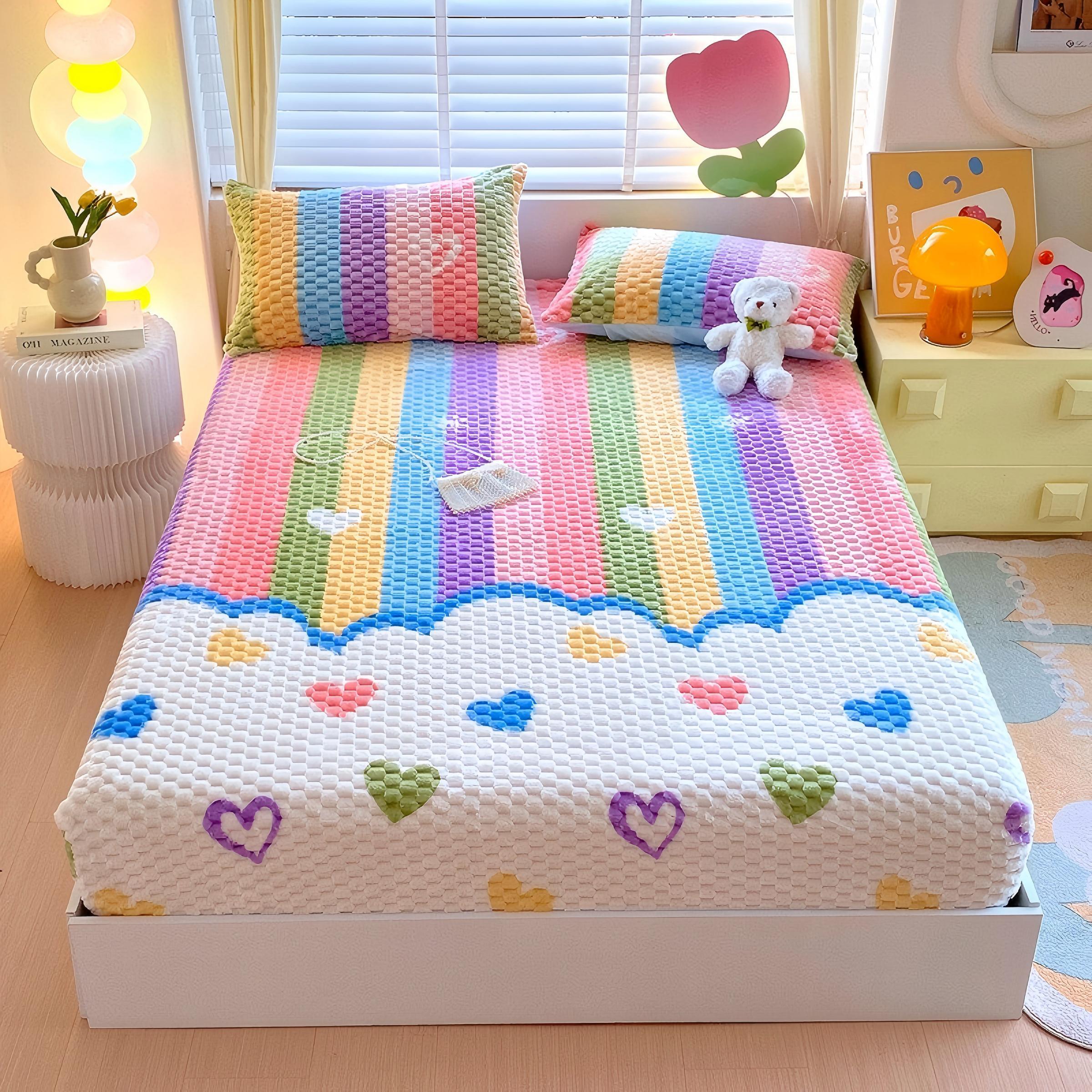 Thickened Cartoon Bedding Set, 1 Count Fitted Sheet & 2 Counts Pillowcase without Filler, Warm Touch Dustproof Soft and Comfortable Bedding, Soft Breathable Sheet, Bedding Sheets, Suitable for Bedroom and Guest Rooms, Comfy Bedding Set #GLOBAL PICKS