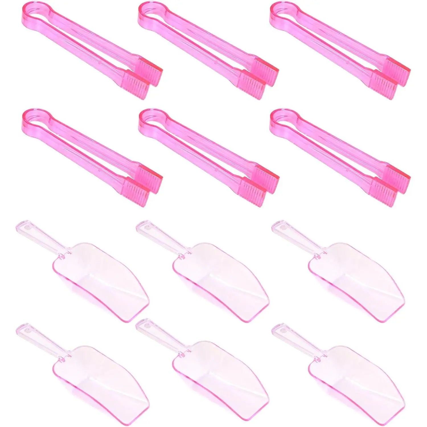 12Pcs Clear Plastic Ice Scoops Tongs Set, Small Tongs for Serving Food, Mini Candy Scoops for Candy Buffet Dry Goods Freezer Bin Canisters (Clear Pink)