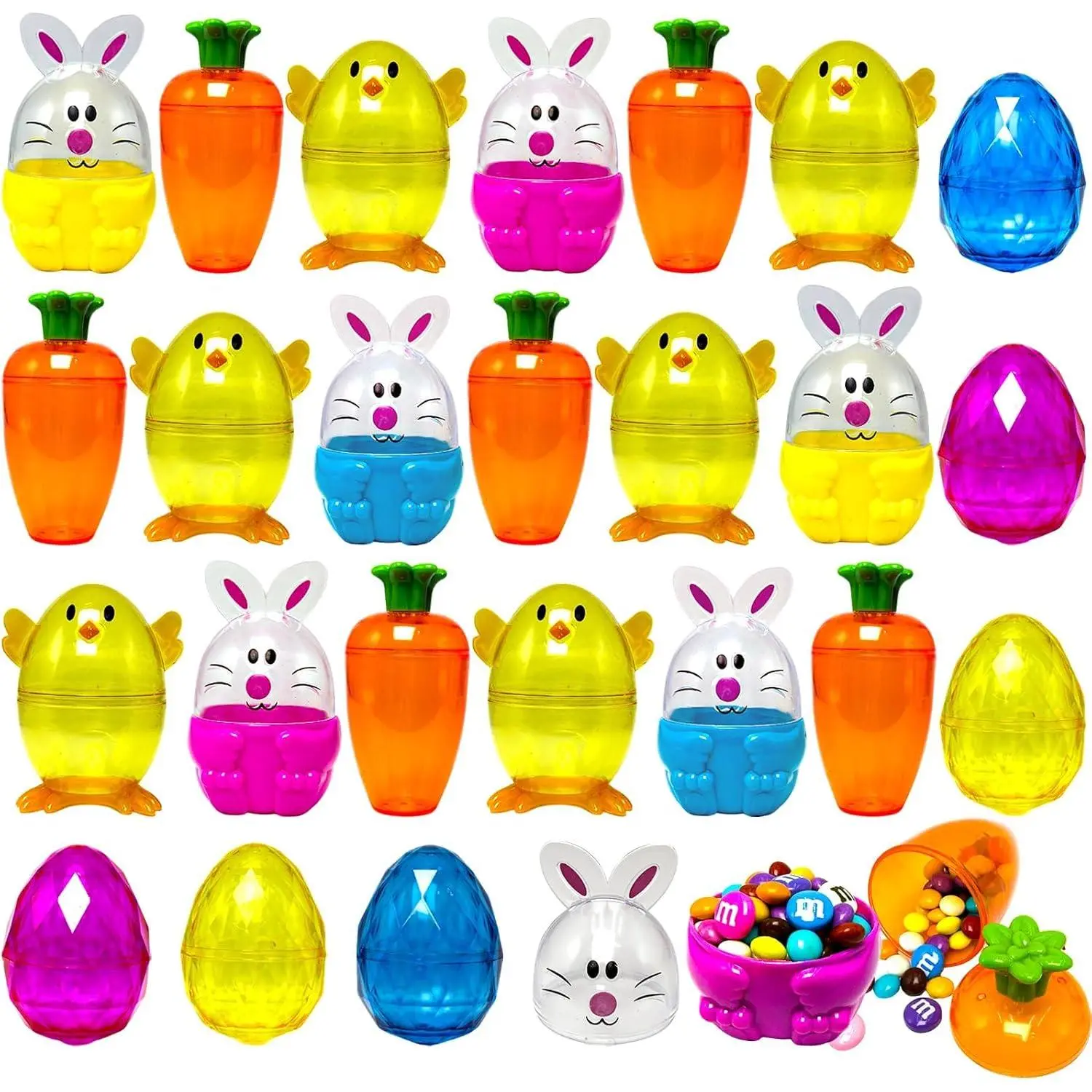 24 Pack Easter Fillable Containers Plastic Bunny Chick Carrot Shaped  Box Colorful  Egg Novelty Easter Hunt Basket Stuffers Filler Shell for Classroom Prize Spring Party Favor