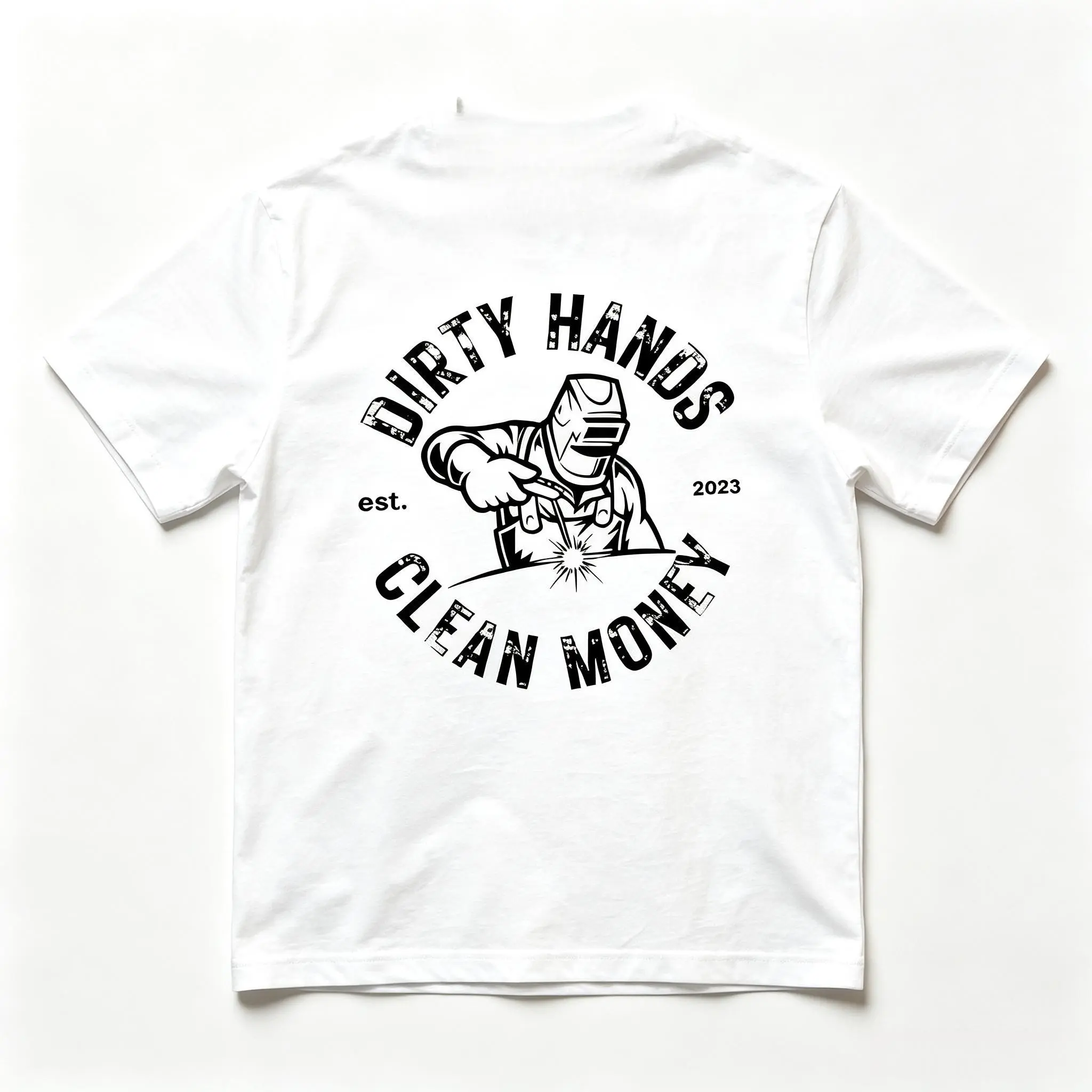 Dirty Hands Clean Money Welder Graphic Tee for Men, 180g Cotton Short Sleeve T-Shirt, Industrial Blue Collar Welding Workwear, Perfect Gift Idea for Welders