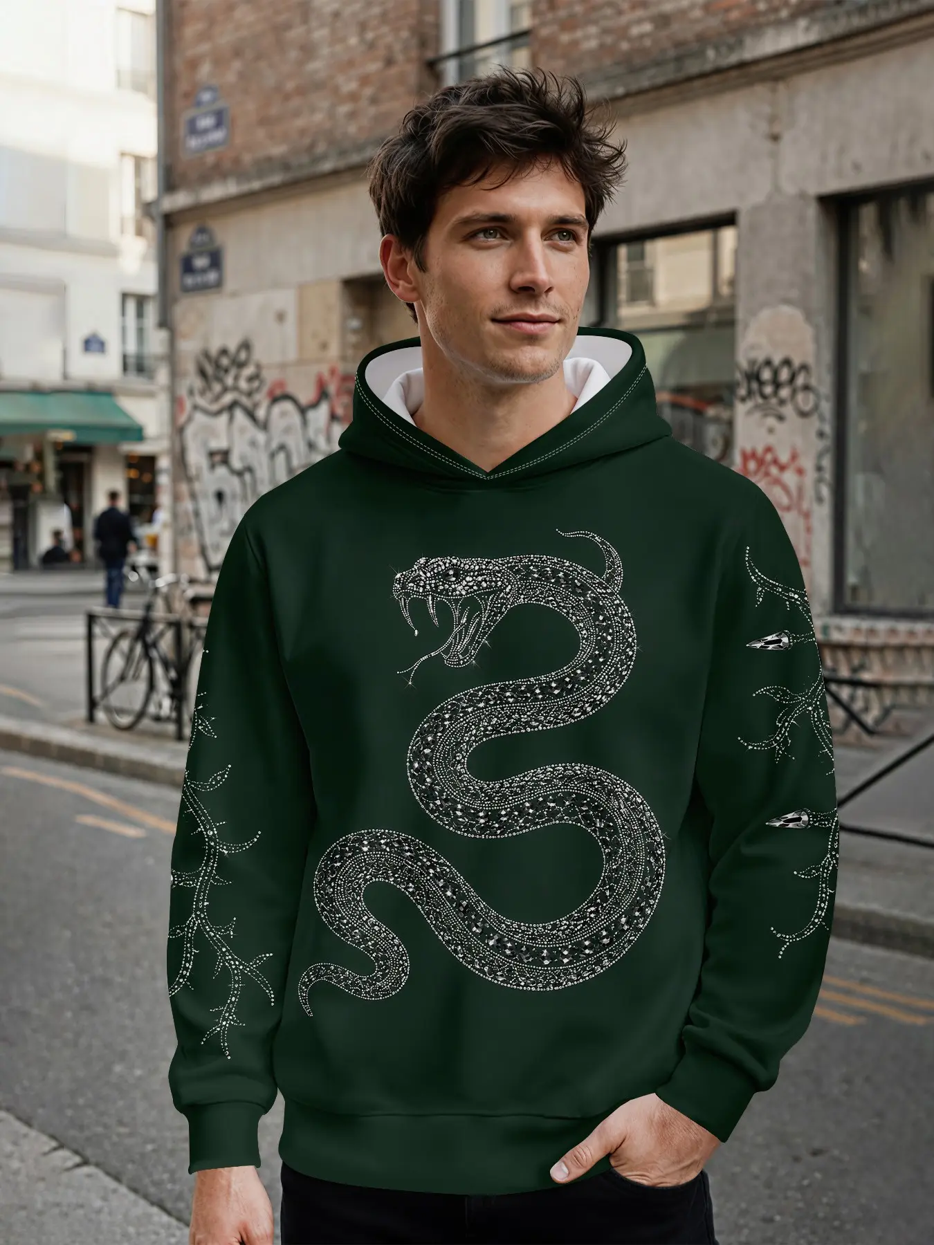 Vintage Rhinestone Python Hoodie for Men, All over Print, Casual Fitted Sweatshirt, Perfect for Streetwear and Music Festivals