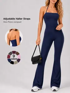 Women's Halter Neck Sleeveless Yoga Bodysuit Soft Nylon-Spandex Blend Flare Leg One-Piece Activewear for Daily Wear Outdoor Training & Fitness All Season High Waisted Jumpsuits