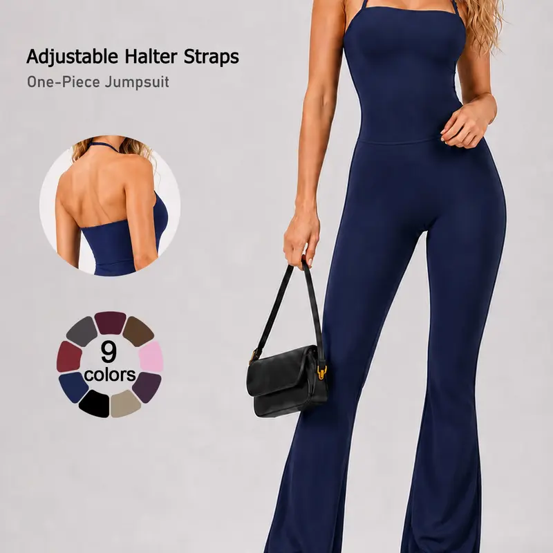 Women's Halter Neck Sleeveless Yoga Bodysuit Soft Nylon-Spandex Blend Flare Leg One-Piece Activewear for Daily Wear Outdoor Training & Fitness All Season