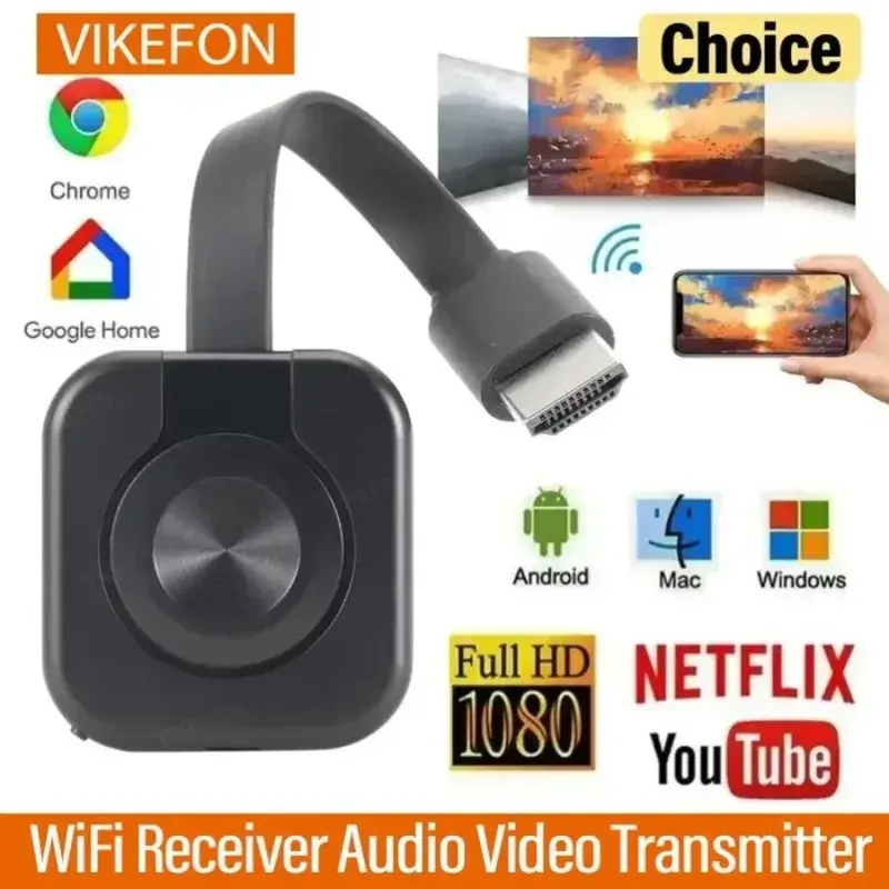 1080P WiFi HDMI Display Dongle, 2.4G Wireless Screen Mirroring Adapter - Video Transmitter Receiver for iOS, Android, Windows, Mac, Plug & Play for TV, Projector, Home Theater