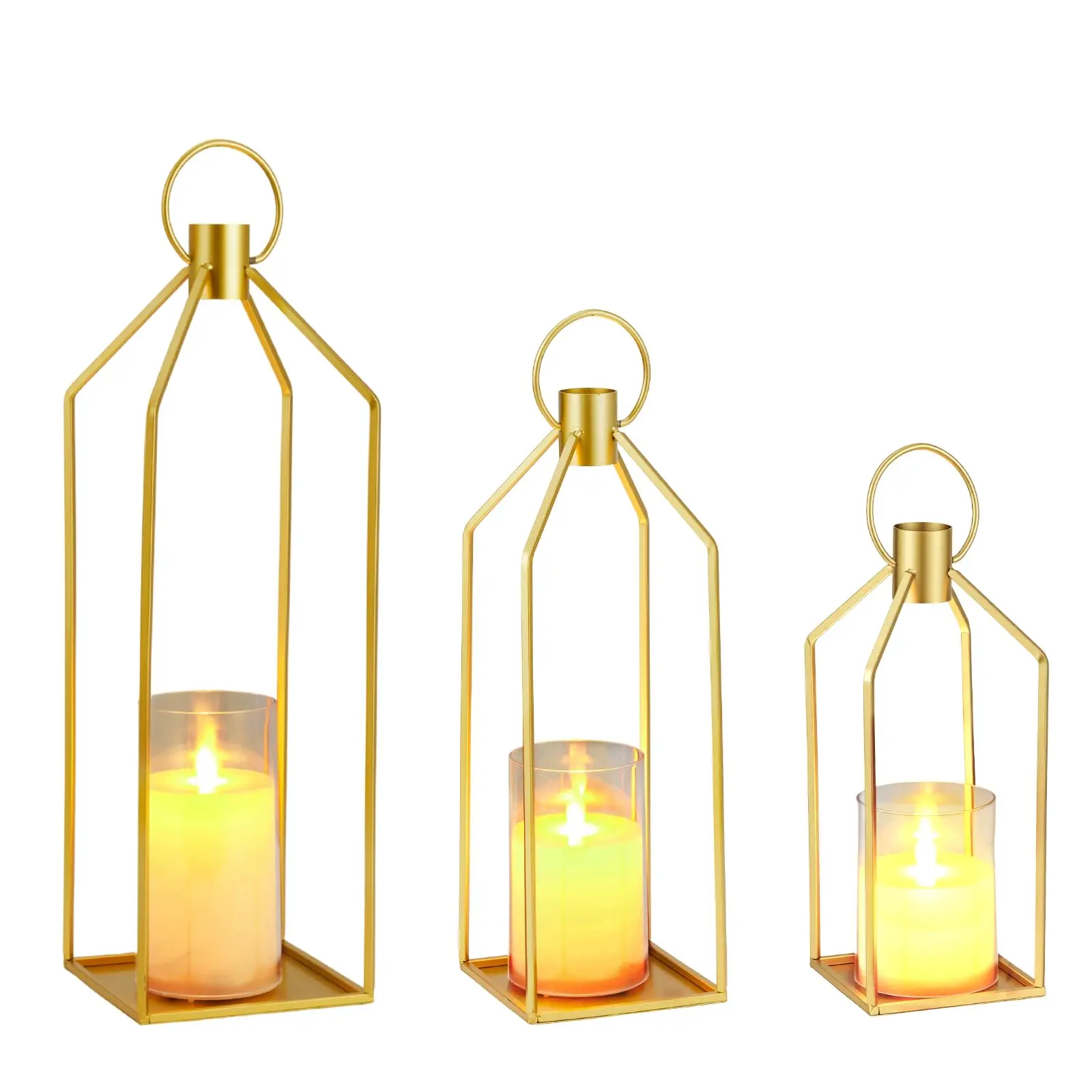 Set of 3 French Gold Iron Wire Candle Holders with Remote Controlled LED Acrylic Flameless Candles, Tiered Heights for Dining Table Centerpiece and Fireplace Mantel Decor