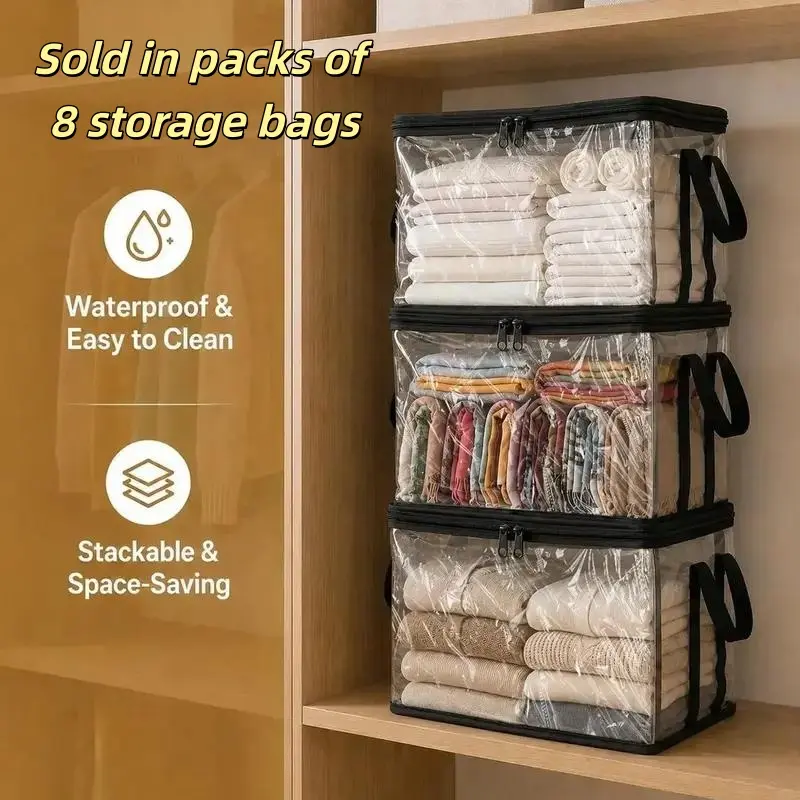 8PCS Large Clear Thick Plastic Collapsible Bins Storage Boxes with Hinged Lid, Heavy-Duty Durable High-Capacity Organizer for Home, Moving, Attic