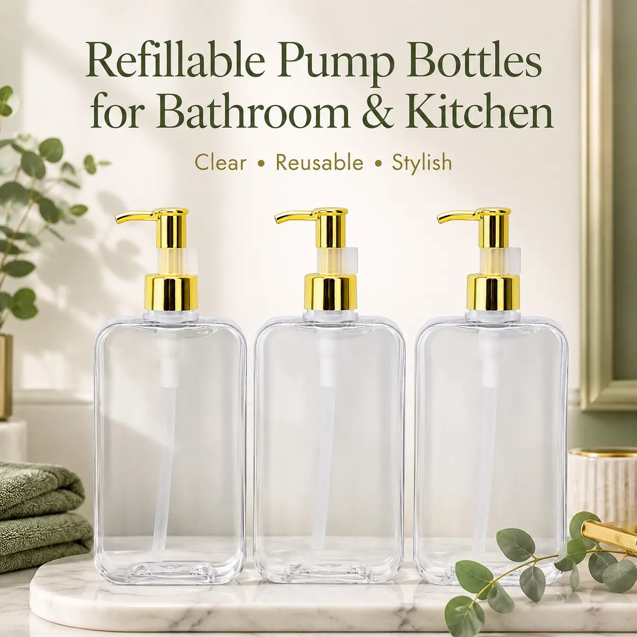 3 Pack 300ML Clear Refillable Pump Bottles, Square Lotion Dispenser Set with Pumps, for Shampoo, Hand Wash, Bathroom & Kitchen Use
