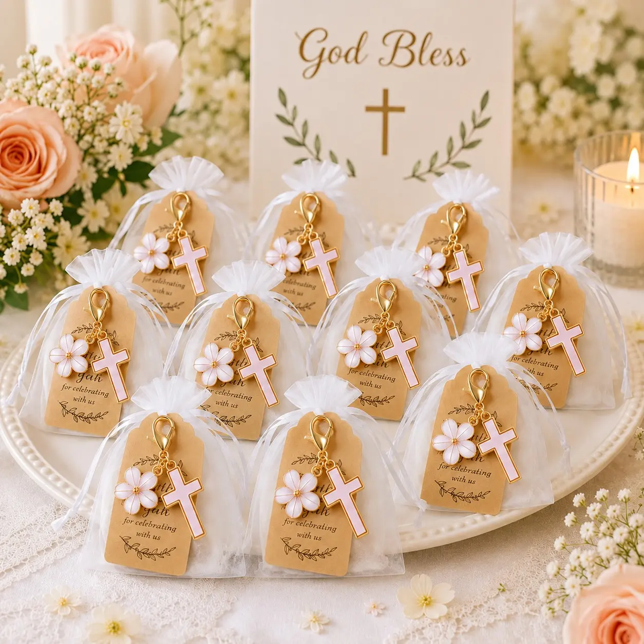 60 Pcs/20 Sets Christian Party Favors, Gold Cross Keychain Gifts with Organza Bags and Thank You Tags, Religious Keepsake Souvenirs for Baptism, Christening, First Communion, Christian Baby Shower, Wedding Guests and Special Celebration Events