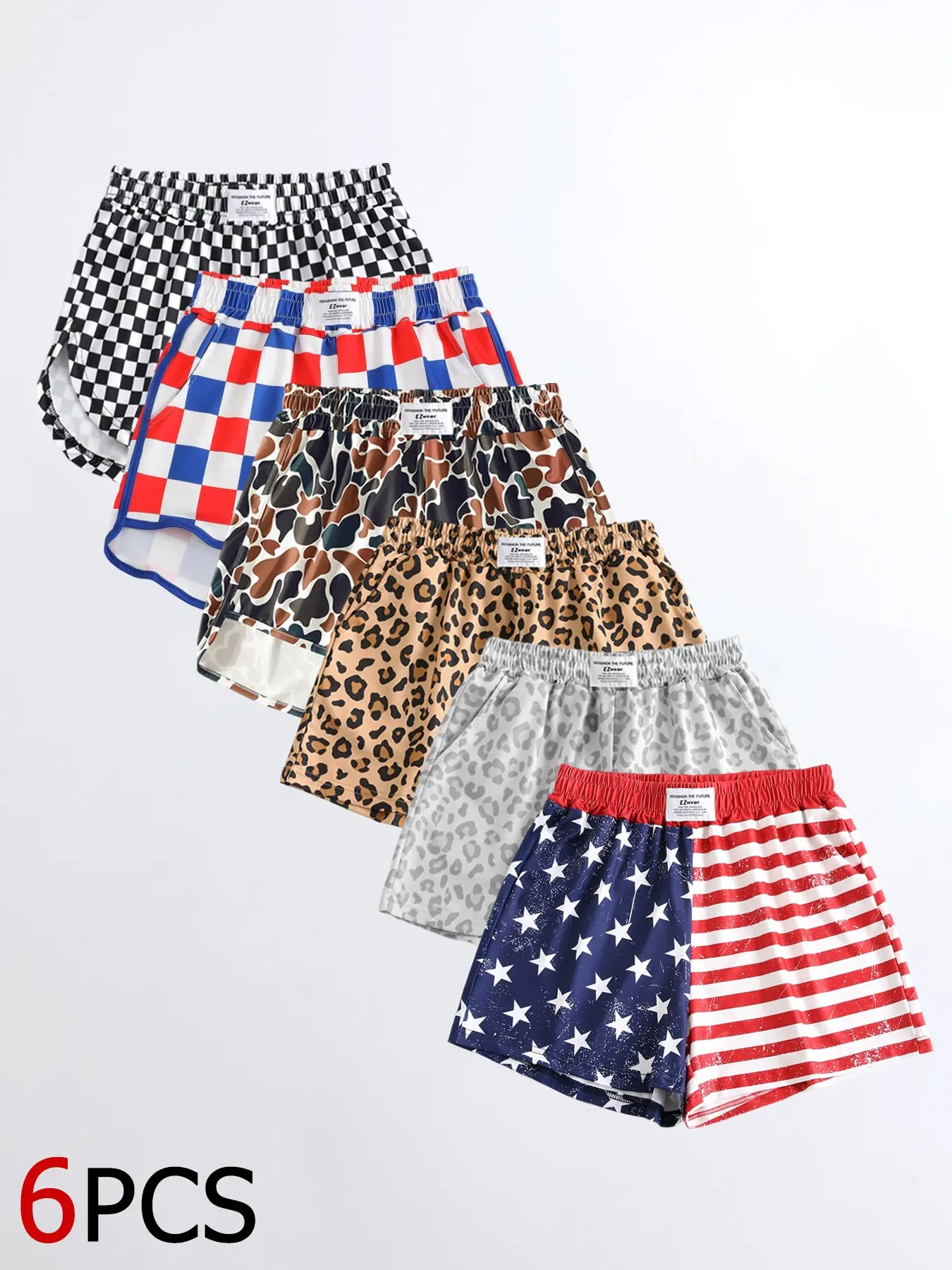 6-piece set, Shorts Pack, Y2K retro casual sports shorts, Loose Fit Shorts, retro leopard print/camouflage spots elastic waist with pockets, loose casual beach pants for women's summer daily outings and outdoor travel casual wear