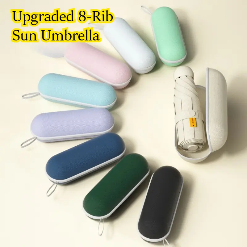 Upgraded Eight Rib Mini Capsule Sun Umbrella UV Protection Portable Lightweight Pocket Parasol Small Compact Folding Umbrellas Travel Essentials Summer Outdoor Cute Aesthetic Pastel Colors Rainy Day Gift