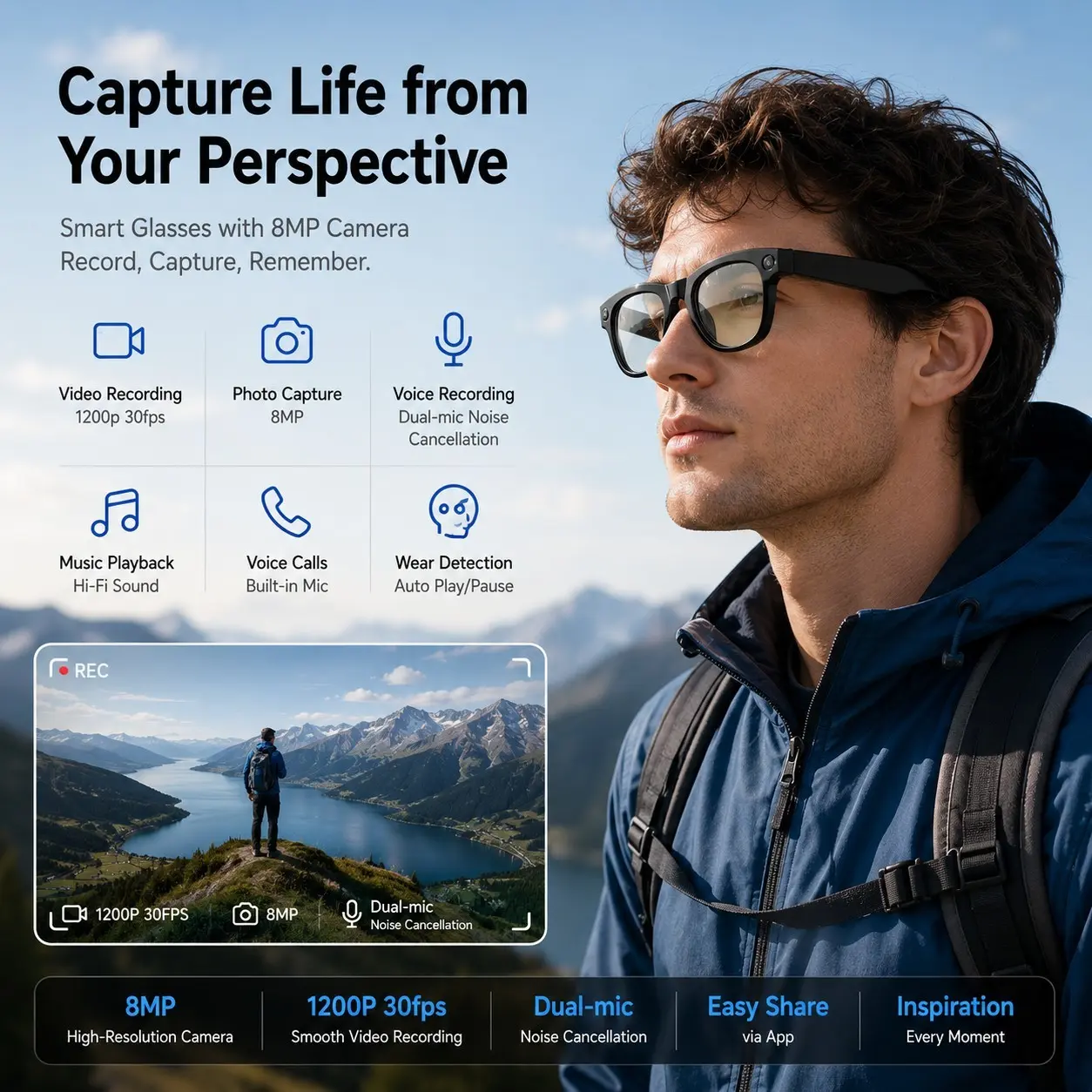 Smart Glasses, Lightweight Frame, Adaptive Fit, 800w Hidden Camera, Ai Translation, Long Battery Life, HD Recording, Multi-Language Support