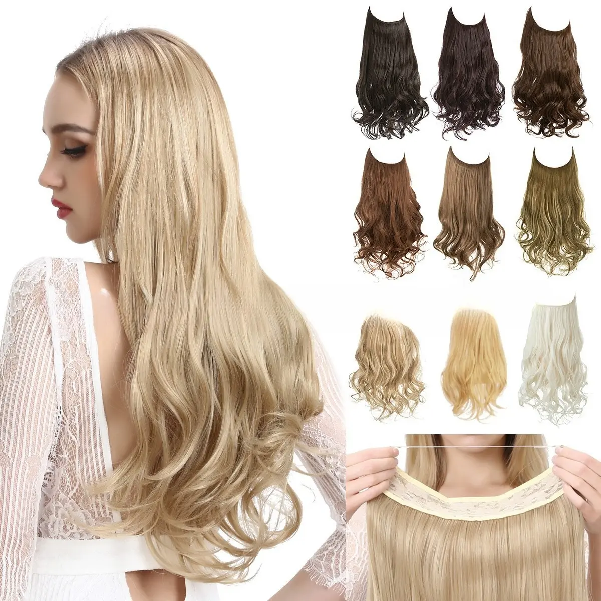 Invisible Wire Halo Hair Extensions Long Wavy Curly Secret Crown Hairpiece Synthetic Heat Resistant Natural Blonde Brown Black Extensions for Women 16-24 Inch