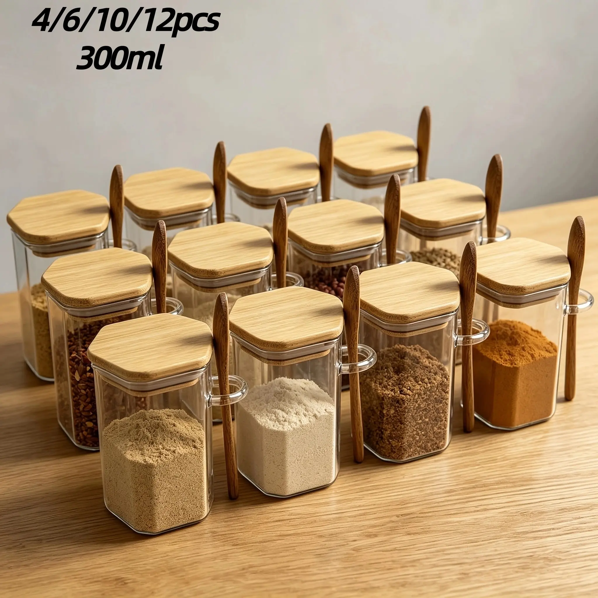 Hexagonal Glass Spice Jars, Seasoning Jars, Airtight Food Storage Canisters, Bamboo Lid & Wooden Spoon, Utensils, Clear Transparent Hex Glass Kitchen Containers, Pantry Organizer