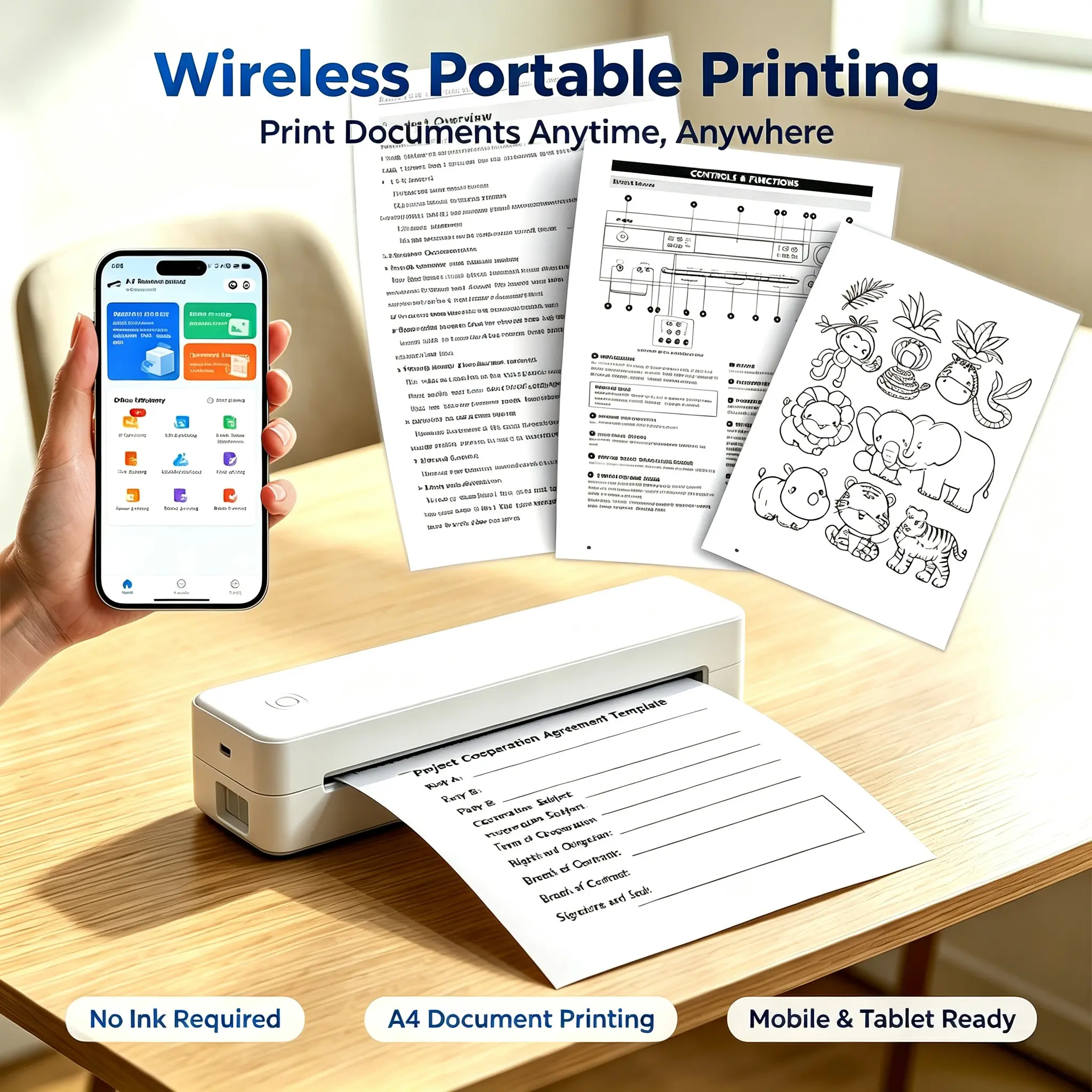 A4 Portable Printer, No Ink Required, Bluetooth-compatible Enabled, Thermal File Printer, Tattoo Paper Printer, Compatible with PC, Phone, Tablet, Thermal Inkless Printer