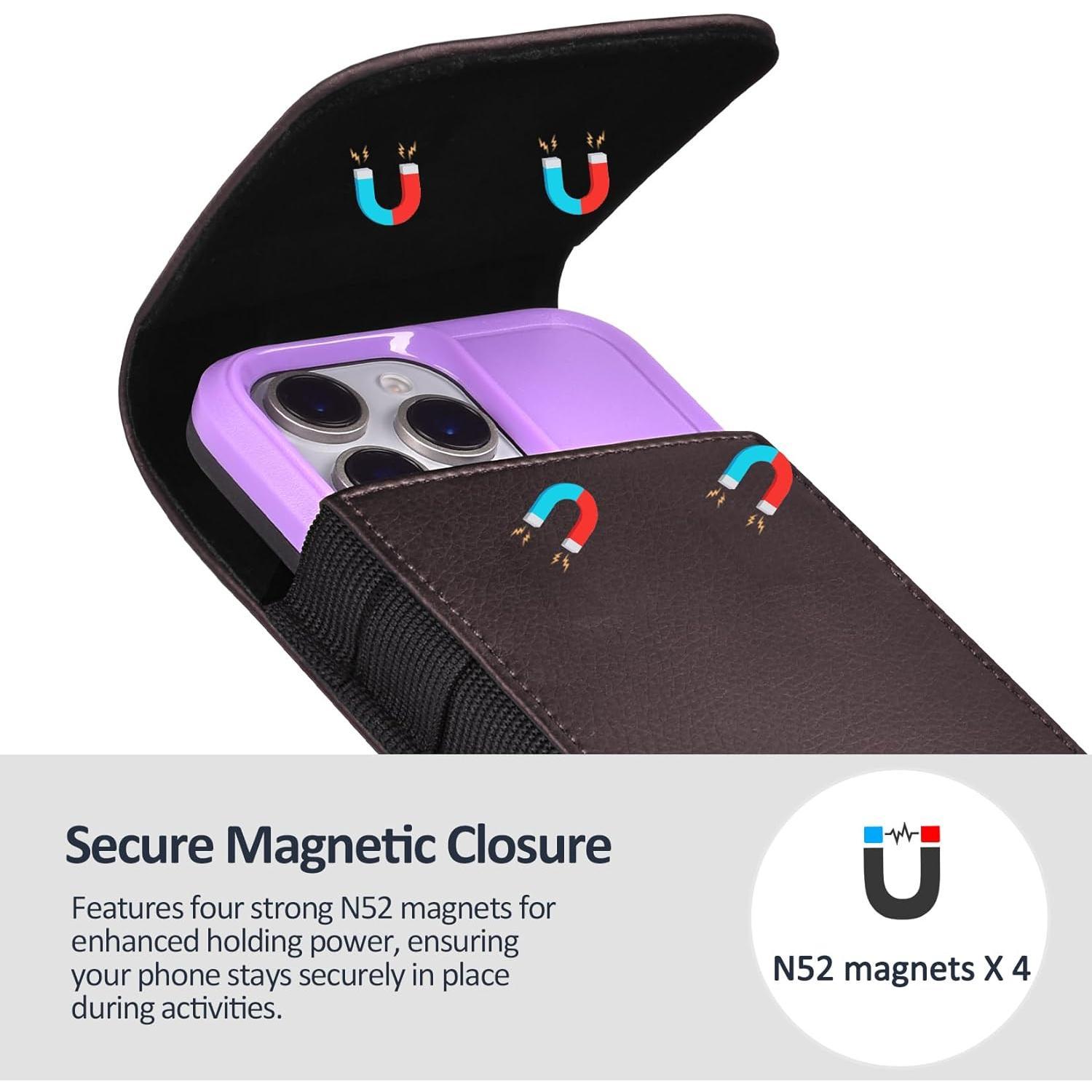 THE WELL KEPT Leather Phone Holster with  Metal Belt Clip and  Closure Compatible with  16/15/14/13/12 Pro Max, Galaxy S25/S24/S23/S22 Plus & FE, L-Coffee