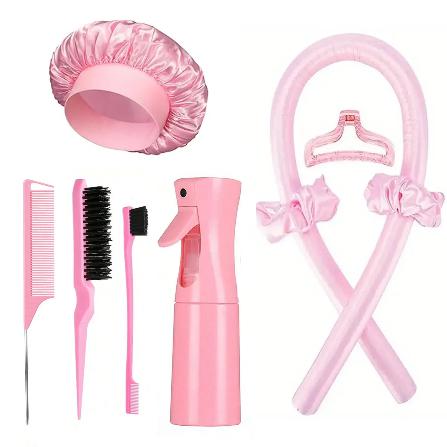 Heatless Curling Rod Set with Satin Roller – Overnight No-Heat Curls Kit with Bonnet, Spray Bottle & Styling Tools, Overnight Heatless Curlers
