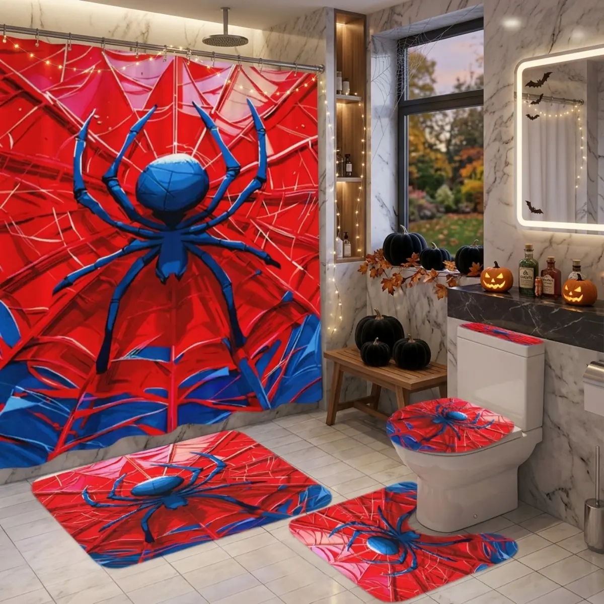 4pcs Vibrant Blue Spider Web Bathroom Curtain Set for TikTok Shop — Spider Pop Art Print Shower Curtain + Bath Mat + Contour Rug + Toilet Lid, Bold Red Pink Web Theme, Halloween & Spooky Party Decor, Bathroom Decoration