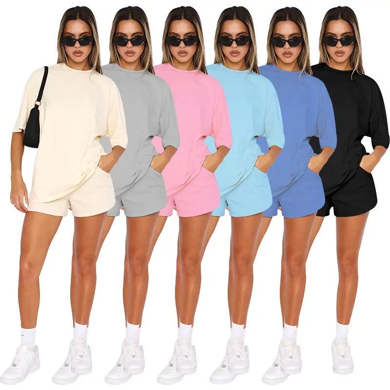Summer Ladies Solid Polycotton Matching Set Crew Neck Mid Sleeve Pullover Top Casual Short Pants Daily Leisure Suit