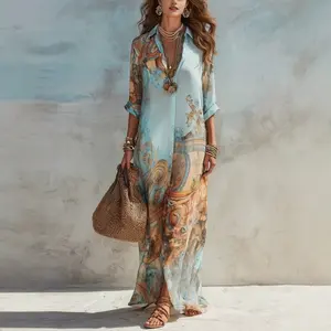 Women's Chiffon Dress - Elegant Retro Floral Print, Long Sleeve V-Neck Casual with Tie Waist