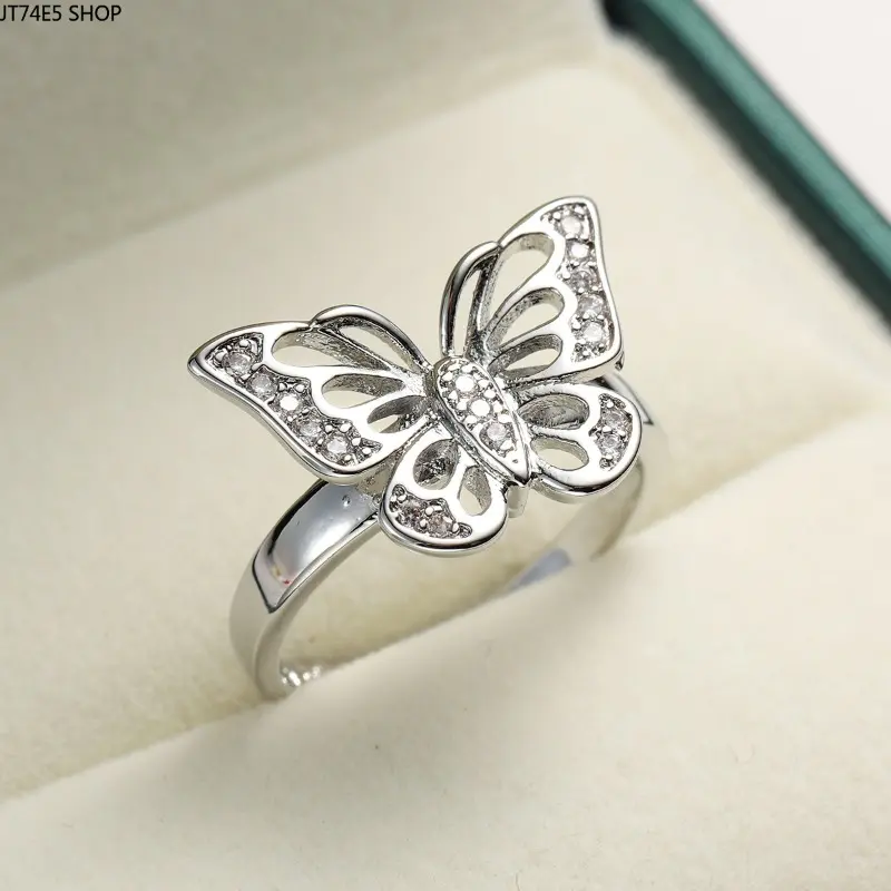 Dainty Butterfly Ring in Korean Minimalist Style, Stainless Steel Hollow Band with Shiny Zircon for Daily Outfits, Small, Elegant Everyday Ring, Exquisite Trendy Ring