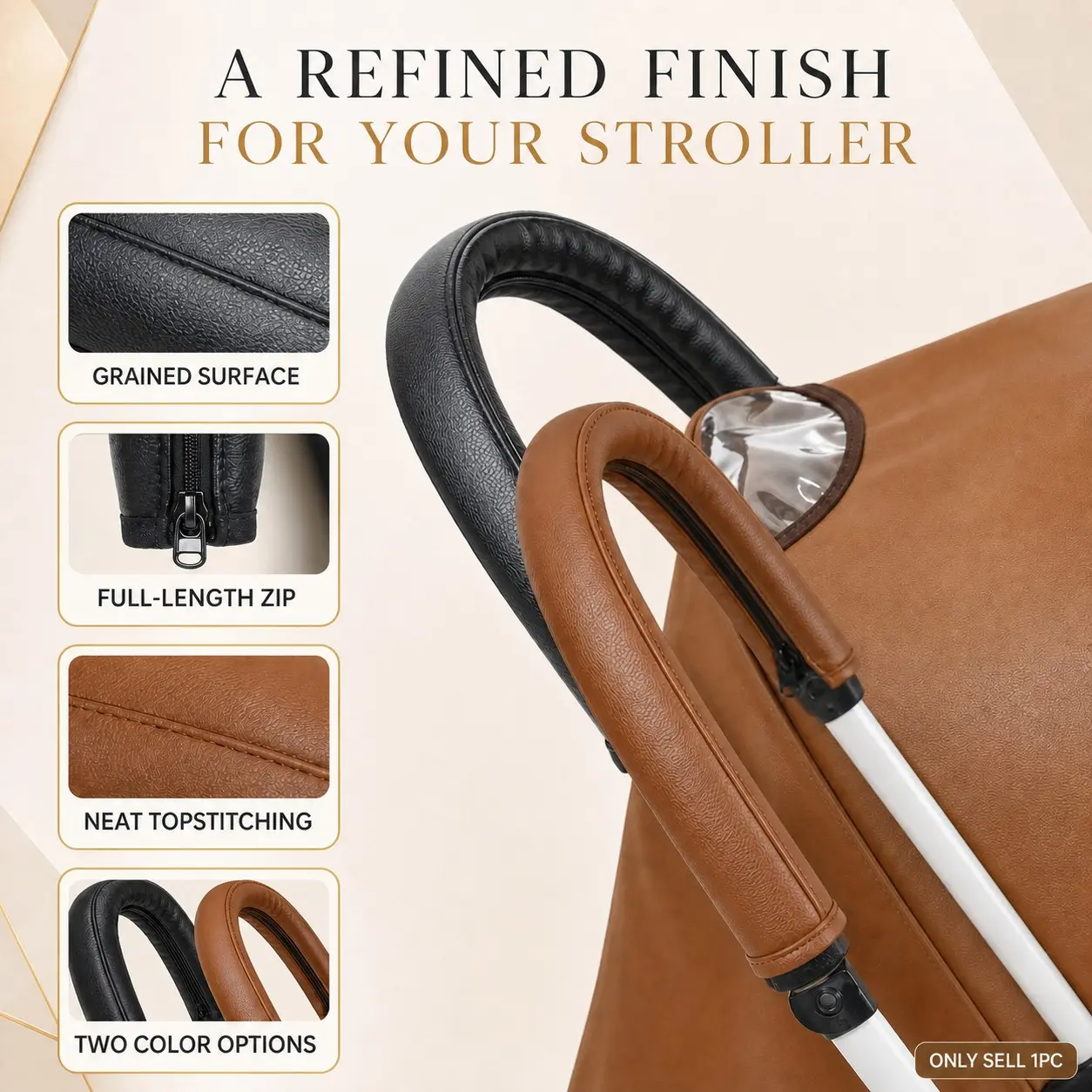 Universal PU Leather Stroller Handle Grips with Zipper, Non-Slip Stroller Handle Protector, Sweat-Absorbing Stroller Handle Pads, Handlebars