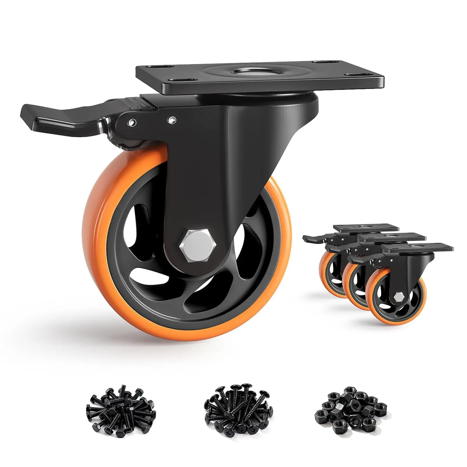 4 Inch Heavy Duty Caster Wheels, Industrial Casters Set of 4 Load 1600lbs with Brakes, Swivel Plate Locking Castors, Roller Wheels for Furniture and Workbench Cabinet Table (Orange)