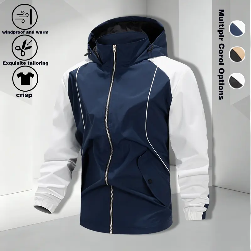 Men's Trendy White Stripe Color-Block Hooded Windbreaker - Loose Fit, Windproof, Waterproof Casual Jacket
