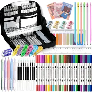 56 count Aesthetic School Supplies with Large Pencil Case, 24 Double Brush Marker Pens, 5 Black Ink Gel Pens, 6 Macaron Pencils, 4 Sharpeners, Sticky Notes, Ruler, Erasers, Stationery