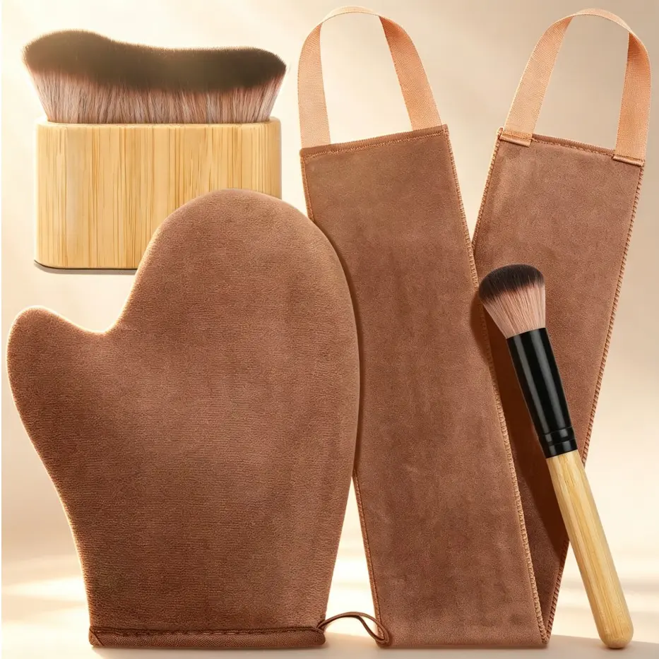 Velvet Self-Tanning Application Kit, Includes Bamboo Brushes, Reusable Velvet Glove, Long Back Brush, Ideal for Face, Legs, Arms, Beauty Tools