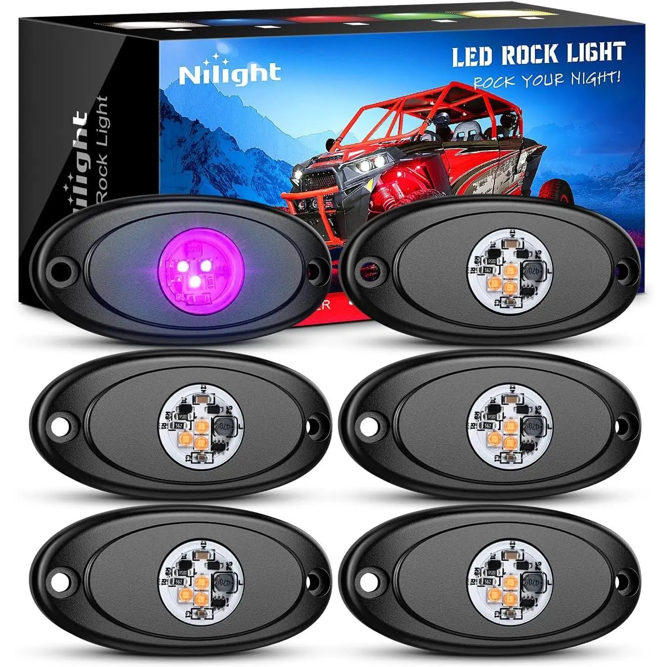 Nilight 6PCS Aluminum LED Rock Lights Pods Set - Pink Purple Underglow Exterior Lamps with Rubber Pads, Waterproof 10-32V DC for Cars, Trucks, ATVs, Boats
