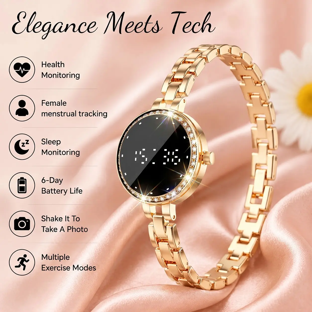 Ladies' smartwatch, designed with a fashionable appearance for female friends, precise step count, time display, flashing light prompts, camera remote control, women's care, ultra long battery life, suitable for iPhone and Android, perfect gift for female