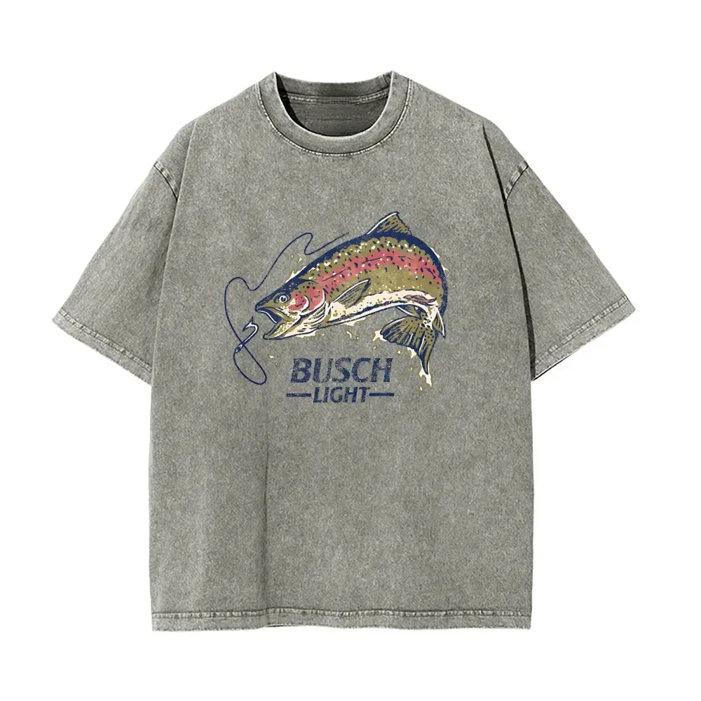 Busch Light Trout Fishing Pink-Washed T-Shirt, Vintage Short-Sleeve Beer Graphic Tee, Unisex Casual Summer Sports Top