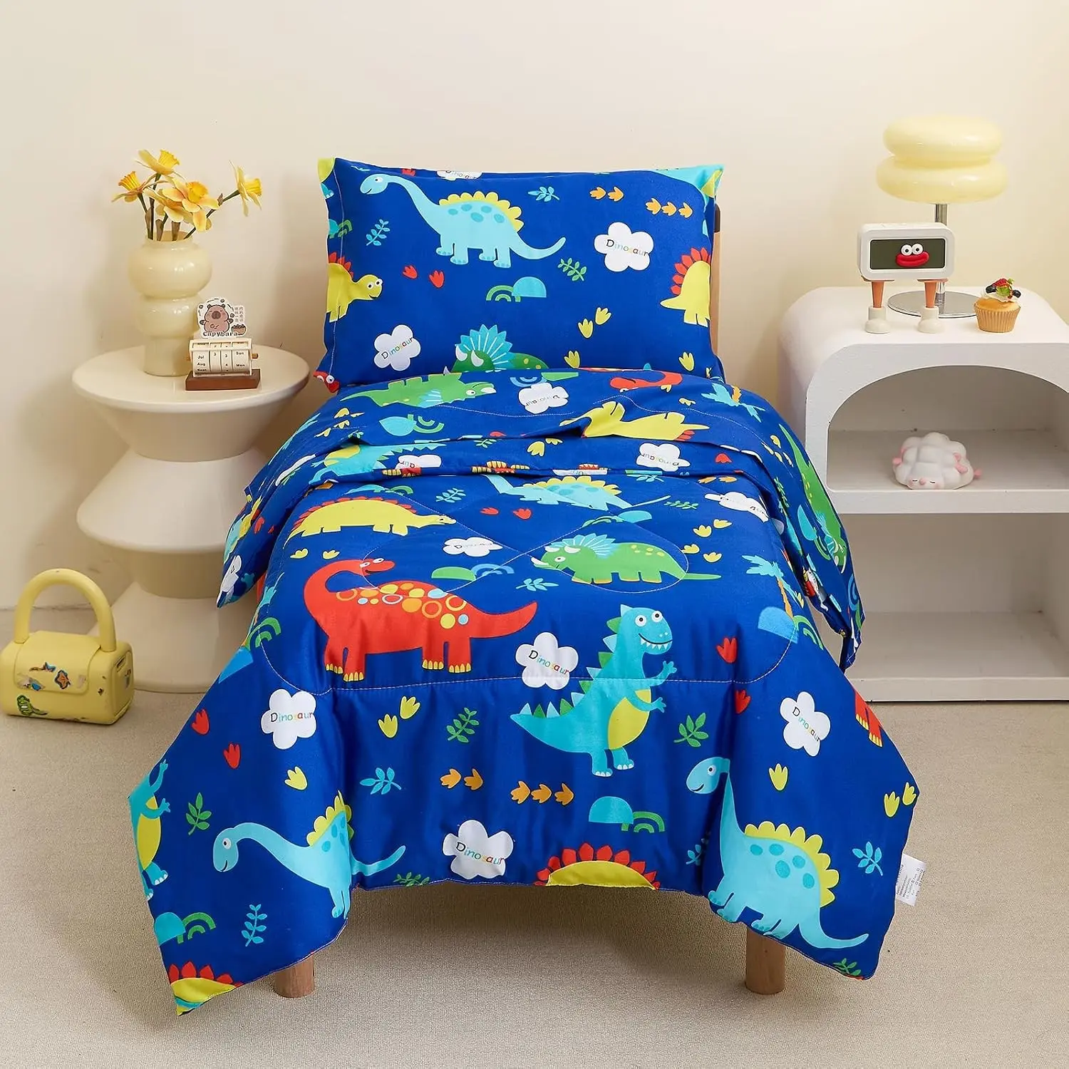 Navy Toddler Bedding Set, Bed in A Bag Toddler Comforter Set | Cute Dinosaurs Print 4 Pieces Bed Set for Boys, Includes Comforter, Fitted Sheet, Flat Sheet & Pillow Case