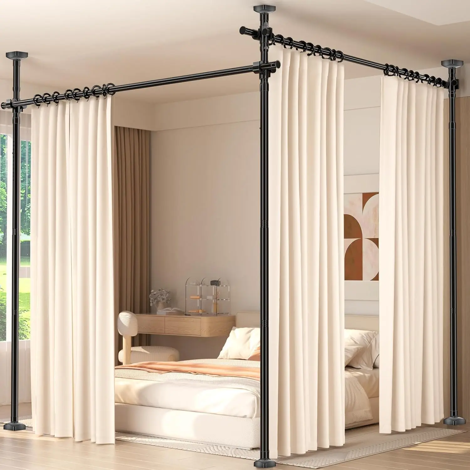 Black Room Divider, Heavy-Duty Freestanding Space Separator with 28-140 Inch Wide & 4-10ft High Adjustable No-Drill Tension Curtain Rods for Temporary Privacy Wall