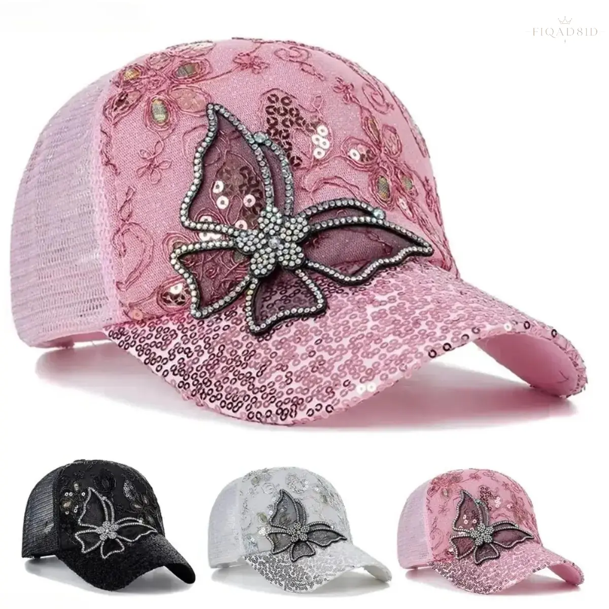 Rhinestone Butterfly Lace Mesh Baseball Cap For Women, Sequined Brim Decor Trucker Hat, Adjustable Breathable Sun‑Protection Cap, Lightweight Floral Embroidery Headwear For Daily Trip, Beach Vacation And Street‑style Outfit